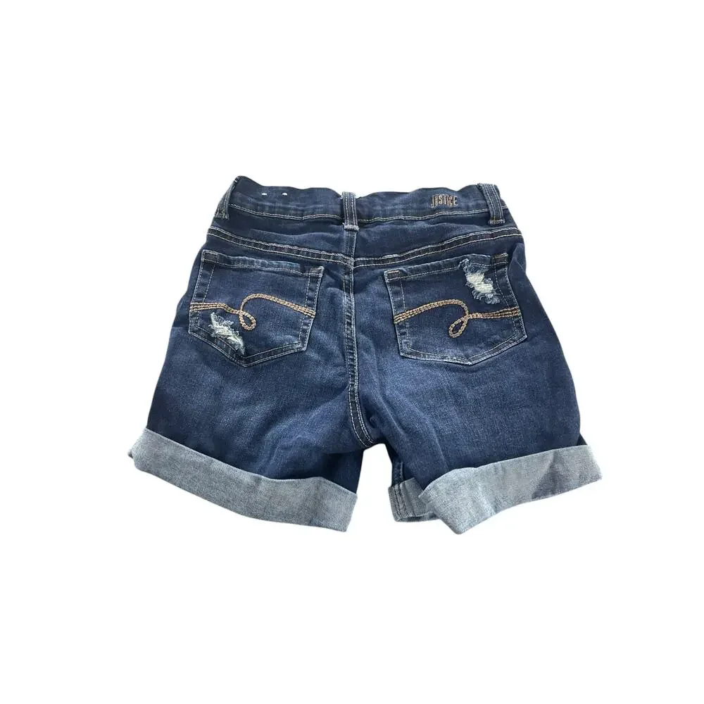 Justice Girls Blue Distressed Ripped Denim Jean Cuffed Shorts Youth Size 12